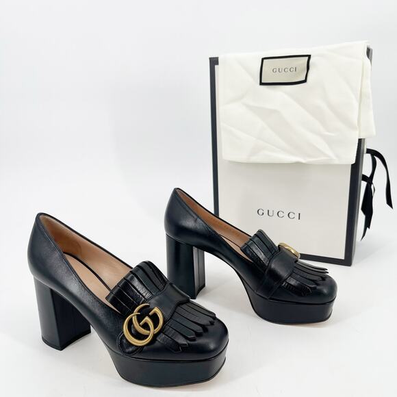 Gucci Malaga Kid GG Marmont Fringe Kiltie Platform Loafer Pumps EU 36.5 Black - Picture 1 of 14
